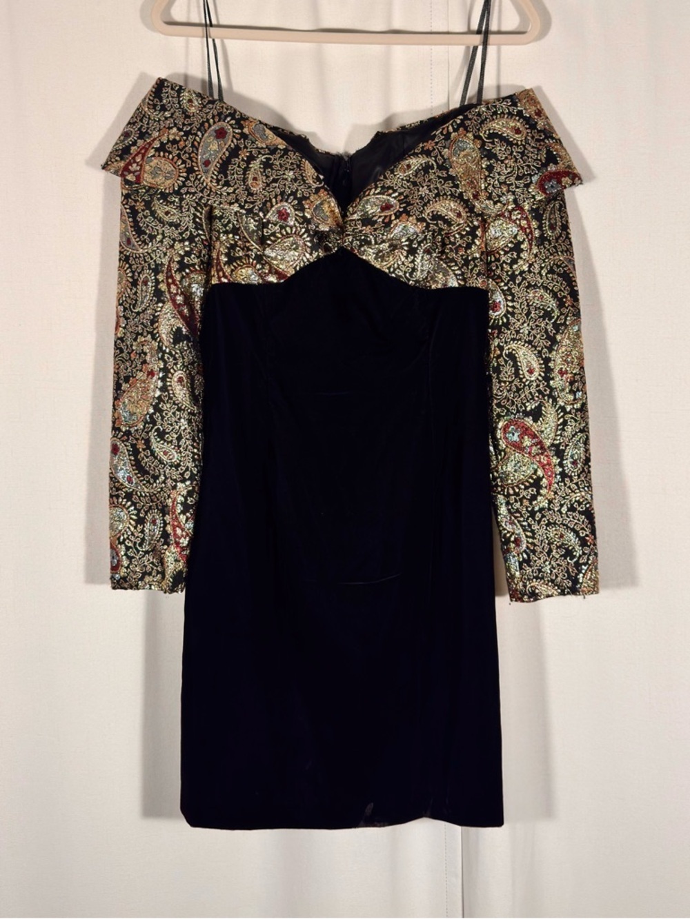 Vintage 90s Scott McClintock Velvet Paisley Off Shoulder Mini Dress
